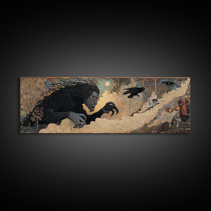The Bridge Troll At Midnight, Stained Glass Gothic Art, Extra Wide Wall Art, Macabre Wall Art, Canvas Print, Halloween Wall Art