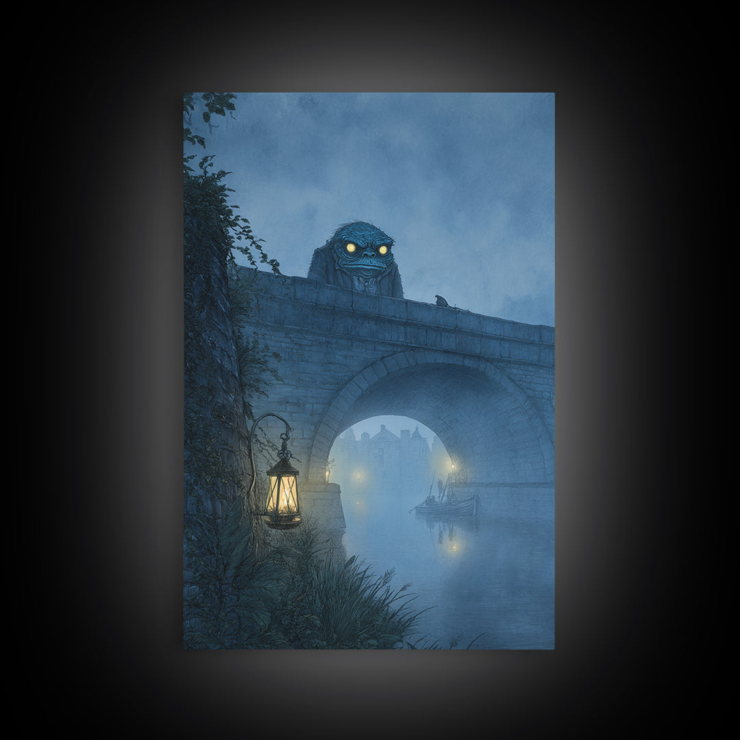 The Bridge Troll At Midnight, Victorian Macabre Art, Vertical Wall Art, Dark Fantasy Wall Art, Framed Canvas Print, Halloween Wall Art