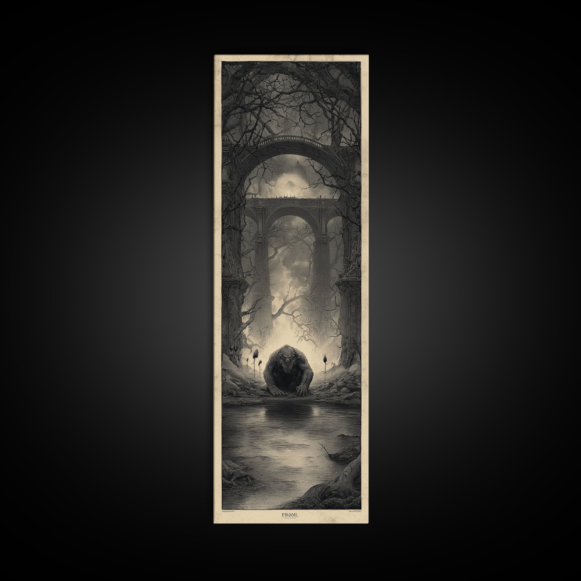 The Bridge Troll At Midnight, Surreal Apocalyptic Art, Tall Narrow Wall Art, Gothic Horror Wall Art, Canvas Print