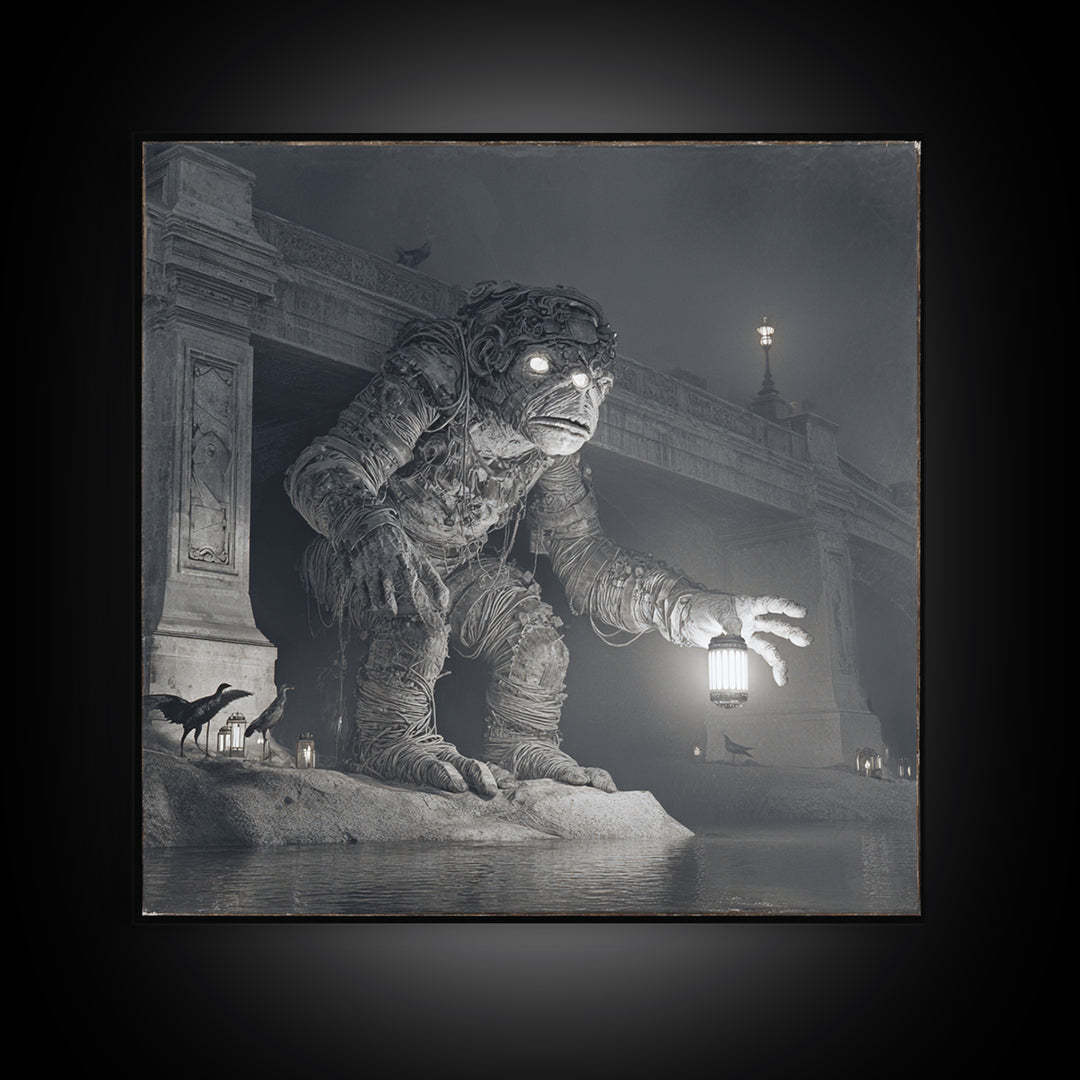 The Bridge Troll At Midnight, Biomechanical Horror Art, Square Wall Art, Dark Halloween Decor, Canvas Print, Halloween Wall Art