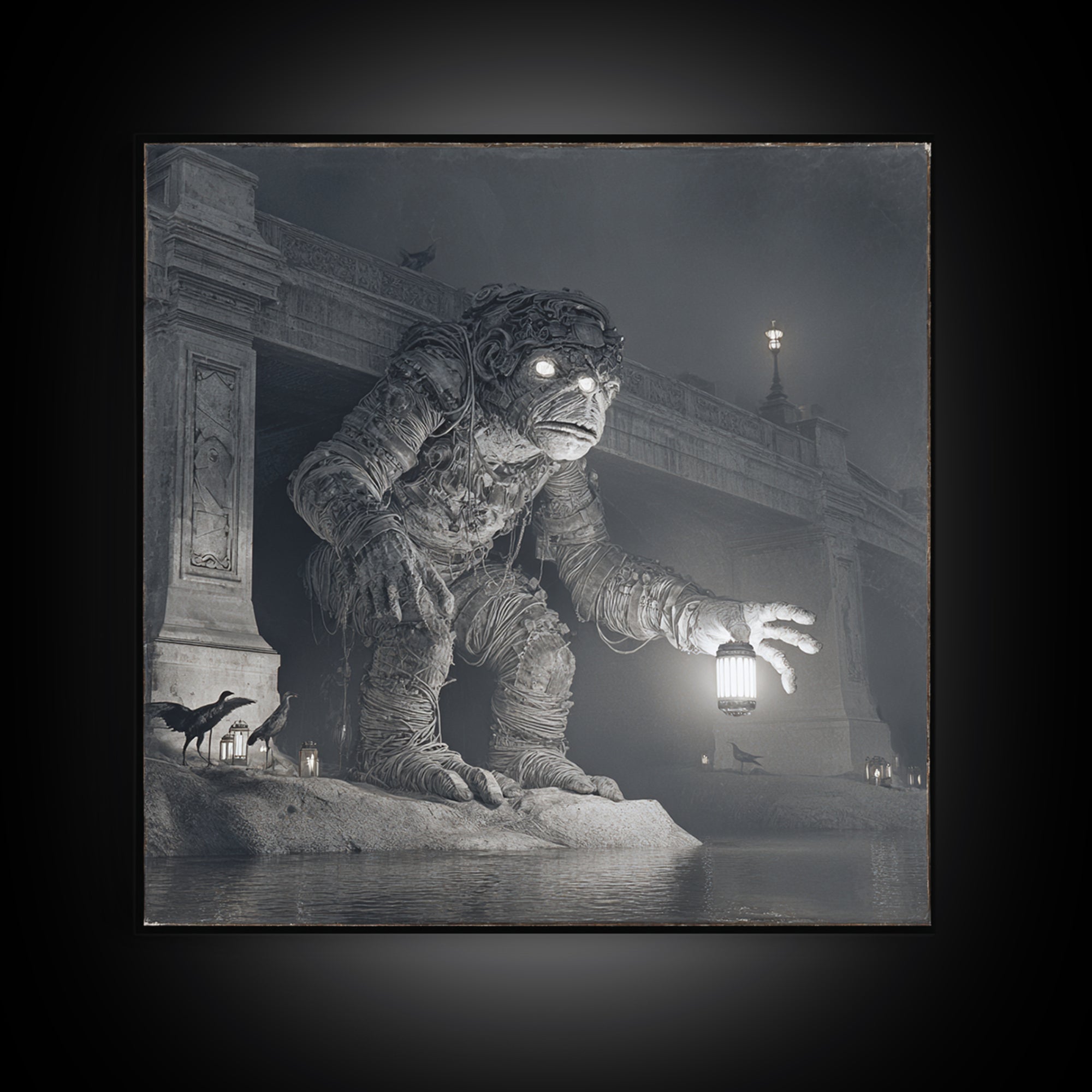 The Bridge Troll At Midnight, Biomechanical Horror Art, Square Wall Art, Dark Halloween Decor, Canvas Print, Halloween Wall Art