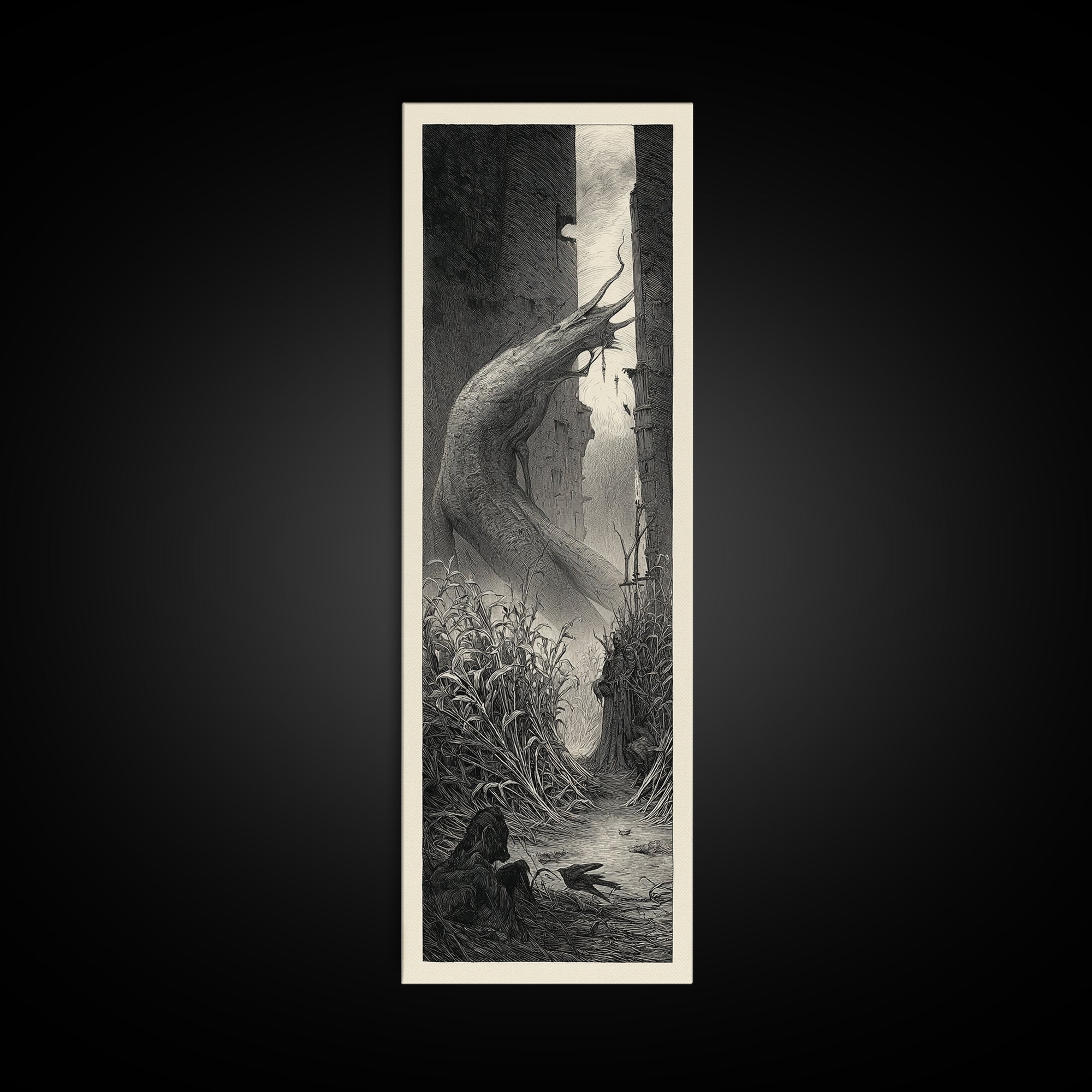 The Cornfield Crawler, Gothic Engraving Art, Tall Narrow Wall Art, Dark Halloween Decor, Canvas Print, Halloween Wall Art