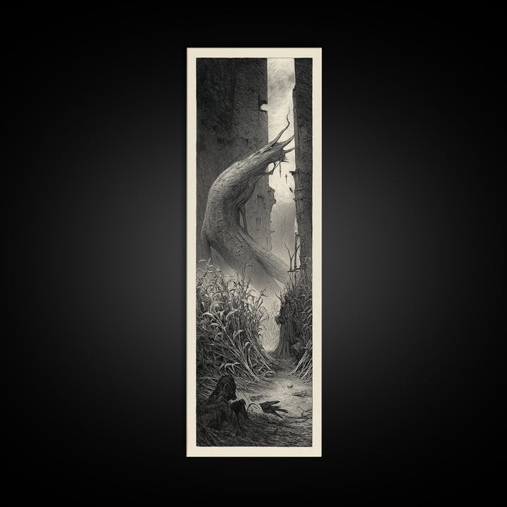 The Cornfield Crawler, Gothic Engraving Art, Tall Narrow Wall Art, Dark Halloween Decor, Canvas Print, Halloween Wall Art