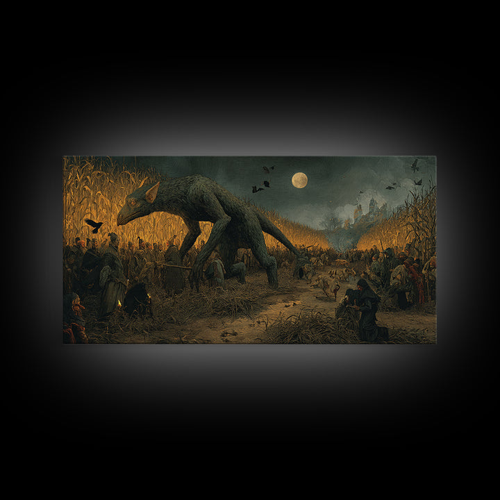 The Cornfield Crawler, Northern Renaissance Horror, Wide Panoramic Art, Macabre Wall Art, Canvas Print, Halloween Wall Art