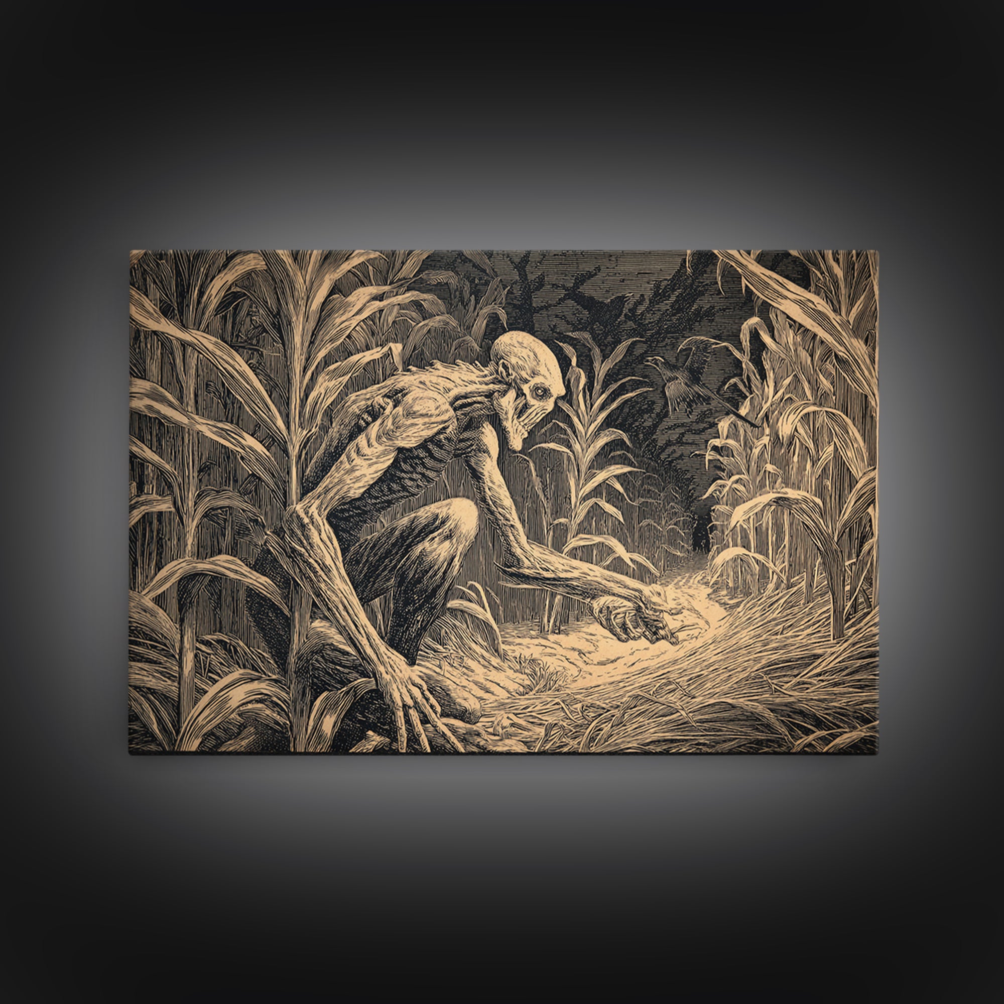 The Cornfield Crawler, Architectural Etching Art, Landscape Wall Art, Dark Fantasy Wall Art, Framed Canvas Print