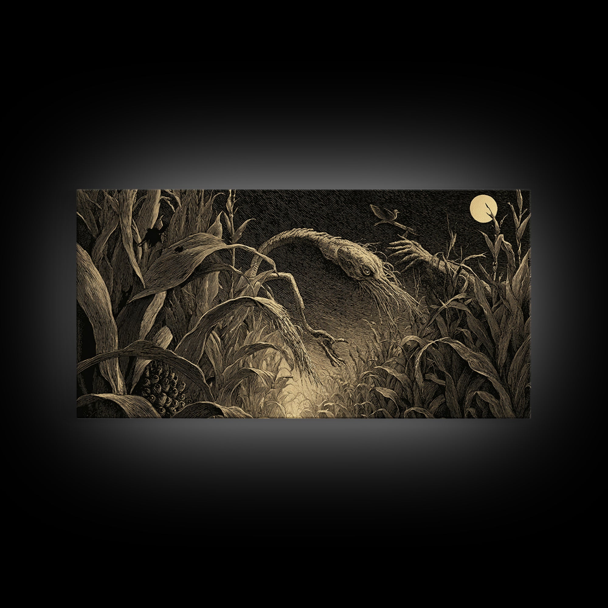 The Cornfield Crawler, Expressionist Nightmare Art, Wide Panoramic Art, Dark Fantasy Wall Art, Canvas Print, Halloween Wall Art