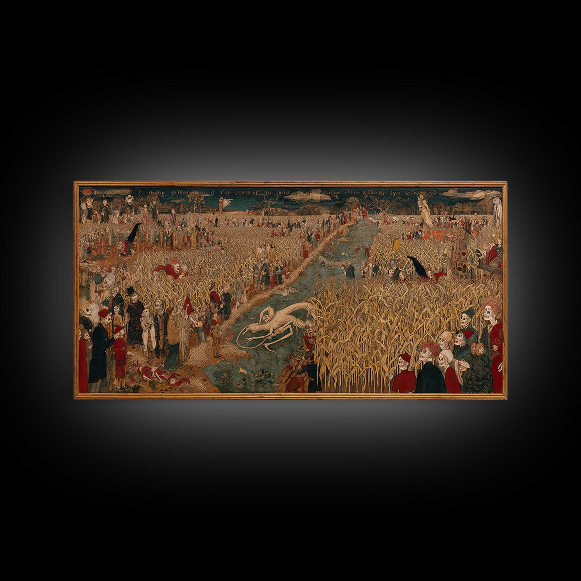The Cornfield Crawler, Grotesque Carnival Art, Wide Panoramic Art, Macabre Wall Art, Framed Canvas Print, Halloween Wall Art