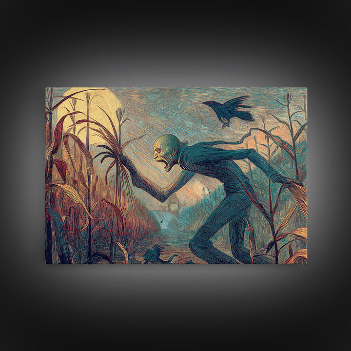 The Cornfield Crawler, Expressionist Gothic Art, Landscape Wall Art, Gothic Horror Wall Art, Framed Canvas Print, Halloween Wall Art