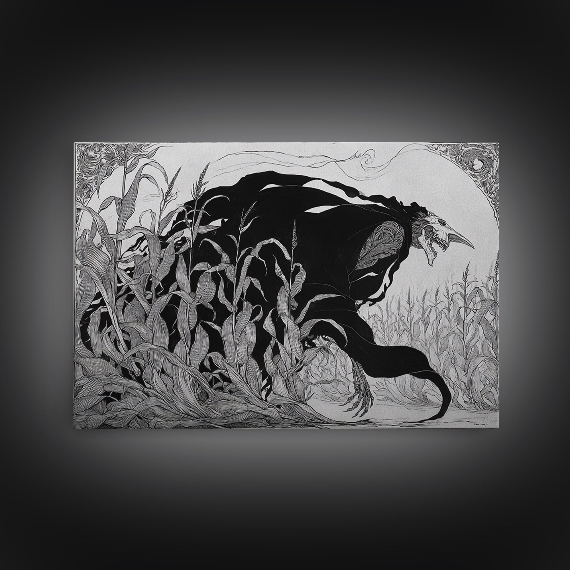 The Cornfield Crawler, Decadent Line Art, Landscape Wall Art, Dark Halloween Decor, Canvas Print, Halloween Wall Art