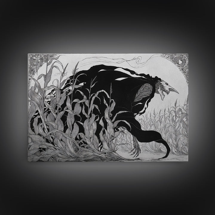 The Cornfield Crawler, Decadent Line Art, Landscape Wall Art, Dark Halloween Decor, Canvas Print, Halloween Wall Art