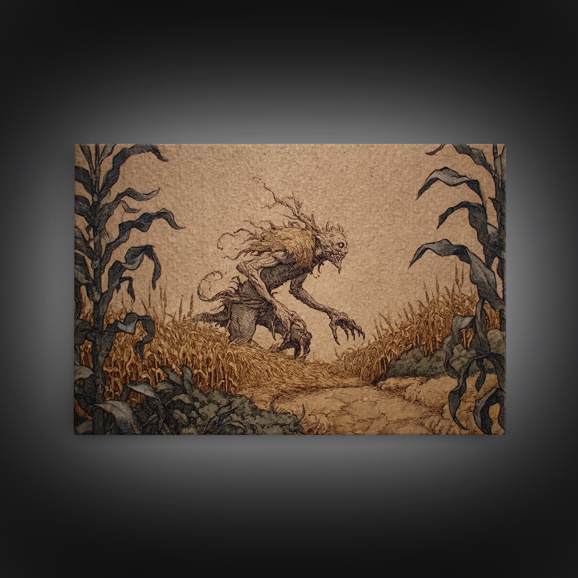 The Cornfield Crawler, Gothic Storybook Art, Landscape Wall Art, Dark Halloween Decor, Canvas Print, Halloween Wall Art