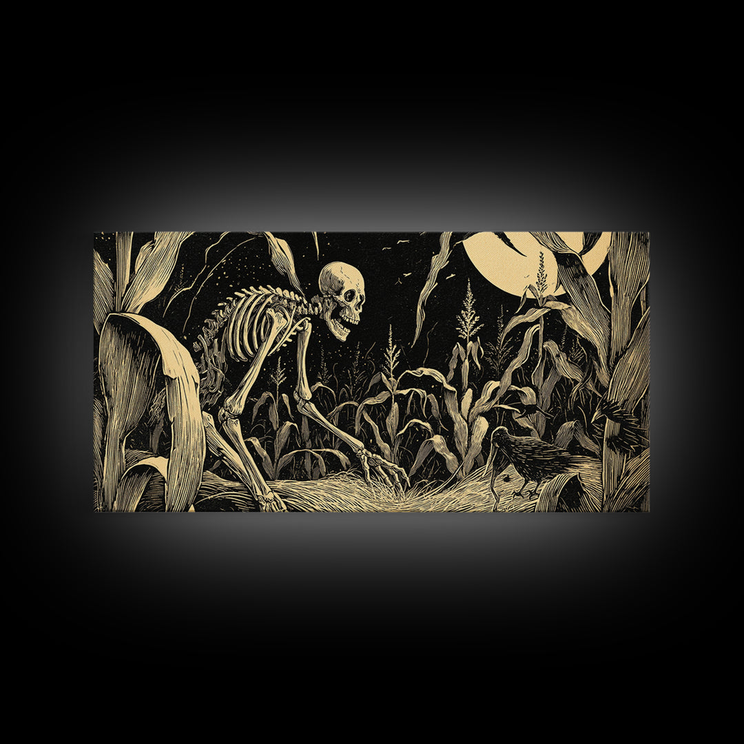 The Cornfield Crawler, Macabre Folk Print Art, Wide Panoramic Art, Dark Fantasy Wall Art, Framed Canvas Print, Gothic Home Decor