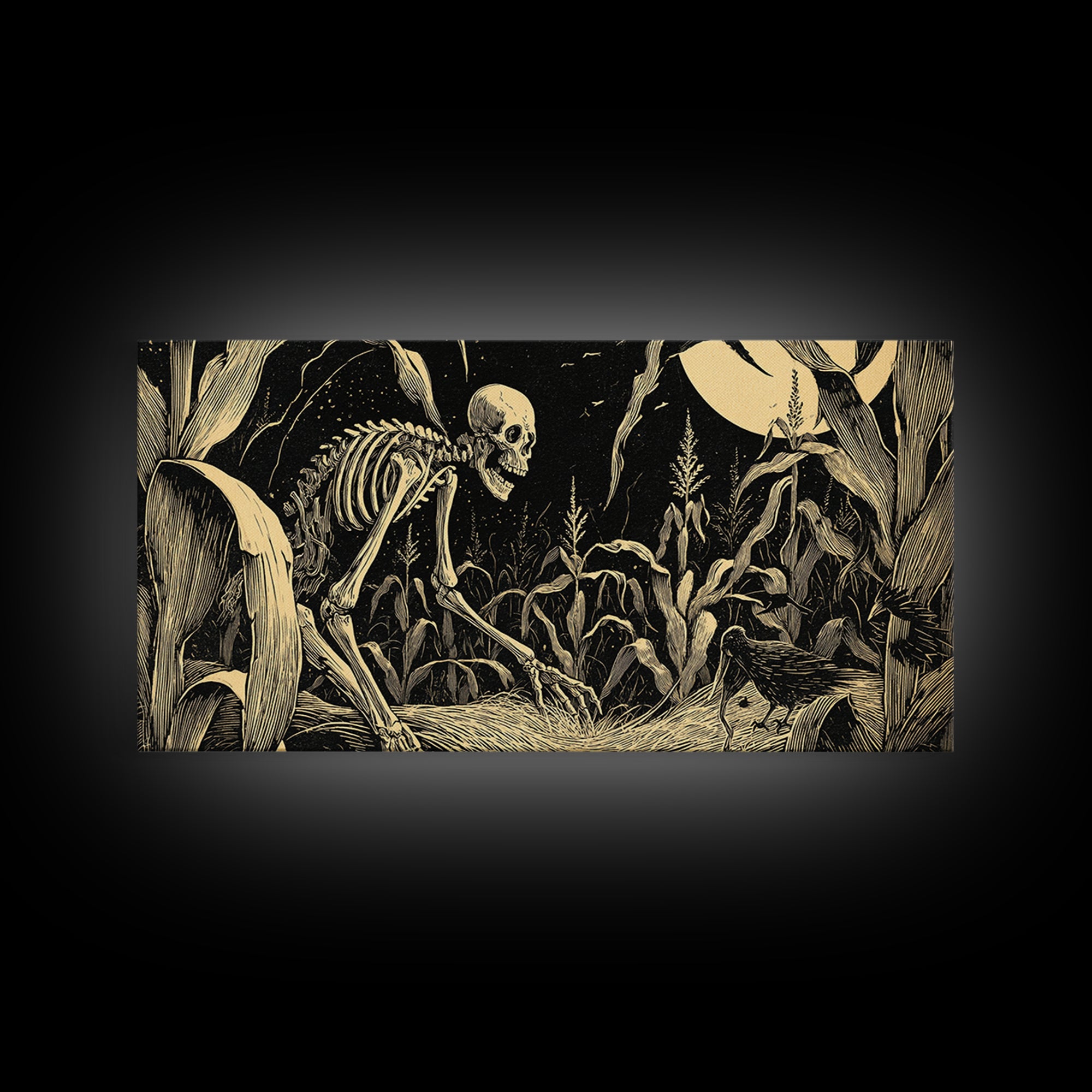 The Cornfield Crawler, Macabre Folk Print Art, Wide Panoramic Art, Dark Fantasy Wall Art, Framed Canvas Print, Gothic Home Decor