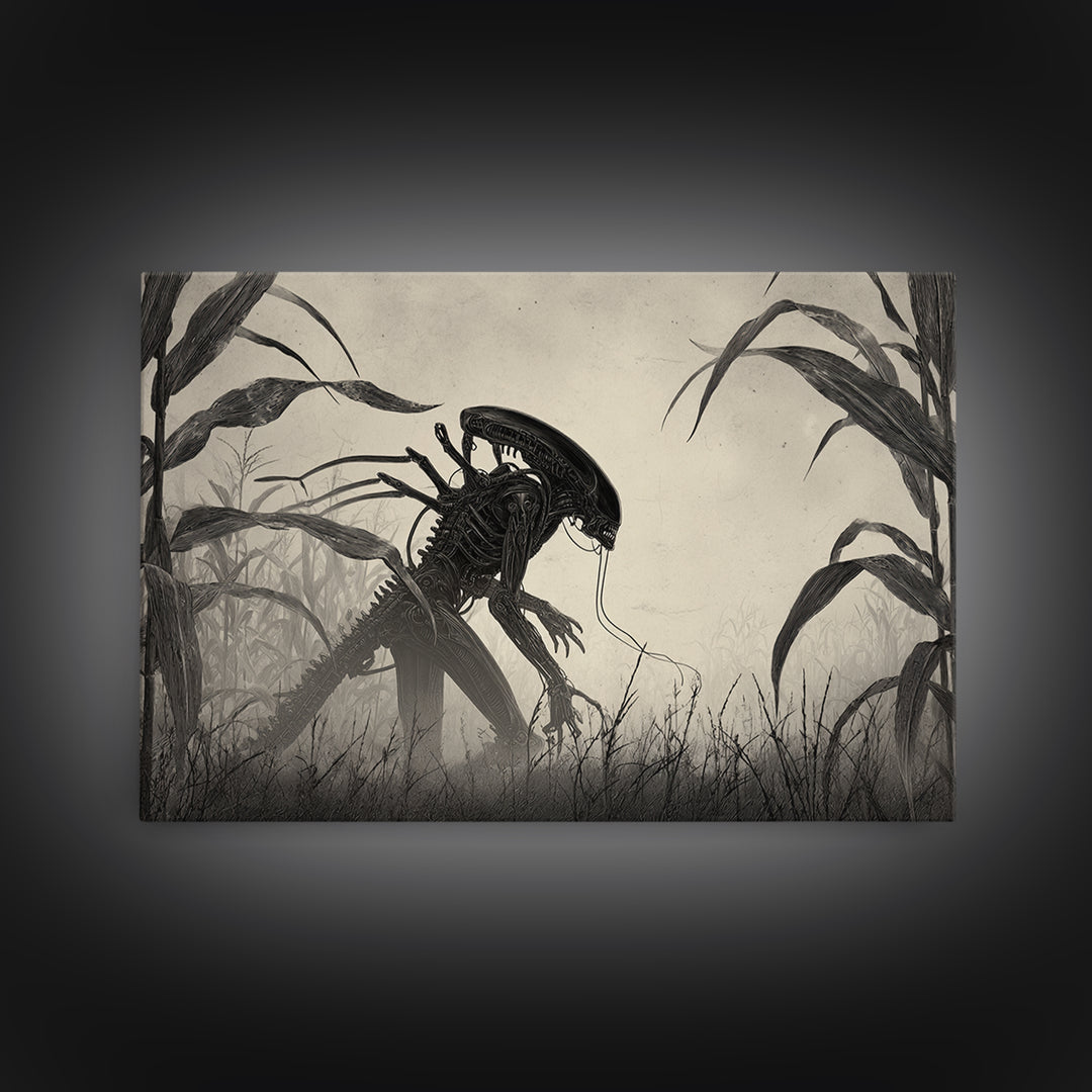 The Cornfield Crawler, Biomechanical Horror Art, Landscape Wall Art, Macabre Wall Art, Canvas Print, Halloween Wall Art, Spooky Wall Decor