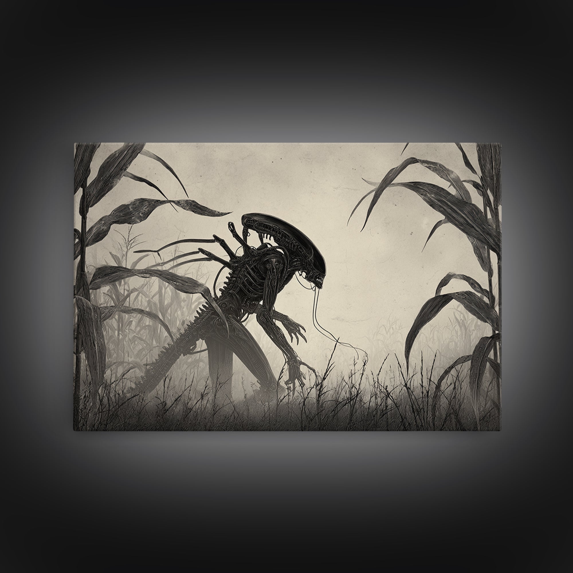 The Cornfield Crawler, Biomechanical Horror Art, Landscape Wall Art, Macabre Wall Art, Canvas Print, Halloween Wall Art, Spooky Wall Decor