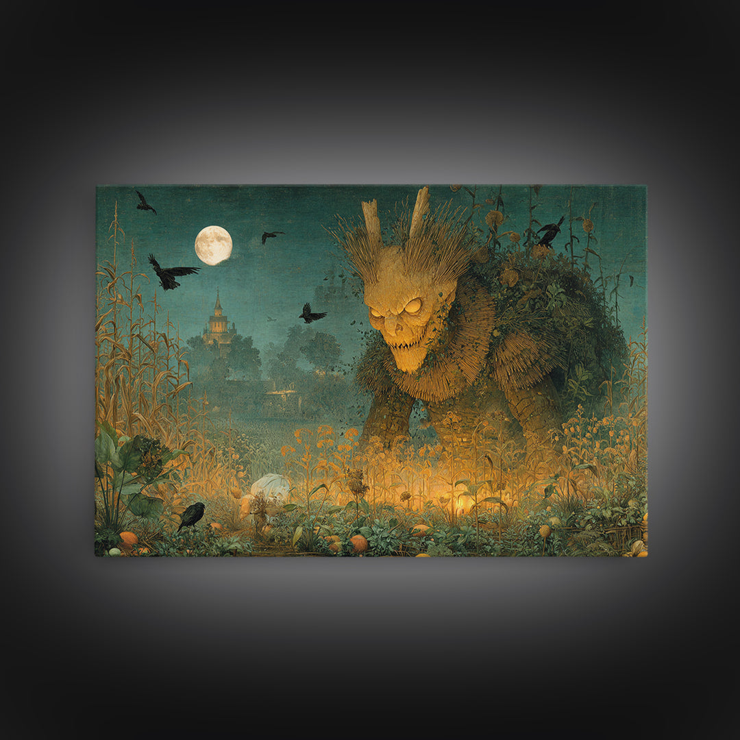 The Harvest Demon, Medieval Grotesque Art, Landscape Wall Art, Macabre Wall Art, Framed Canvas Print, Halloween Wall Art