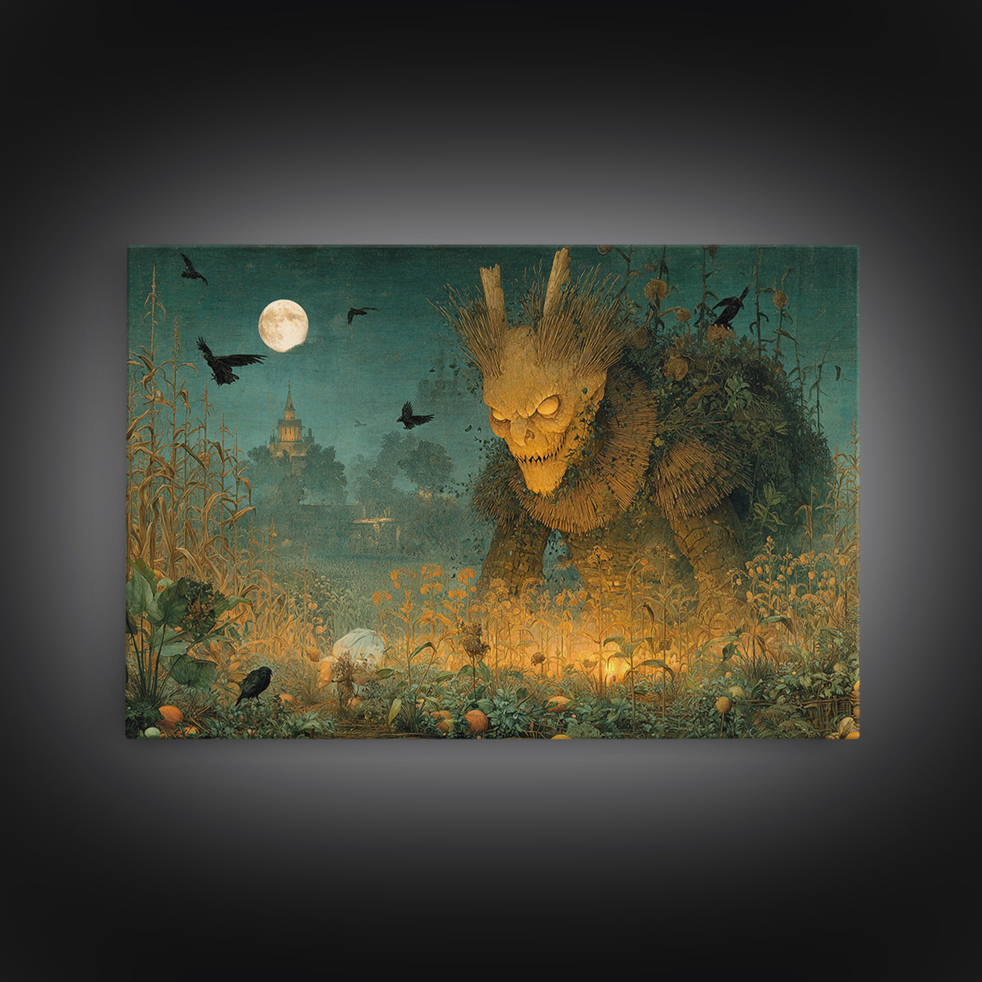The Harvest Demon, Medieval Grotesque Art, Landscape Wall Art, Macabre Wall Art, Framed Canvas Print, Halloween Wall Art