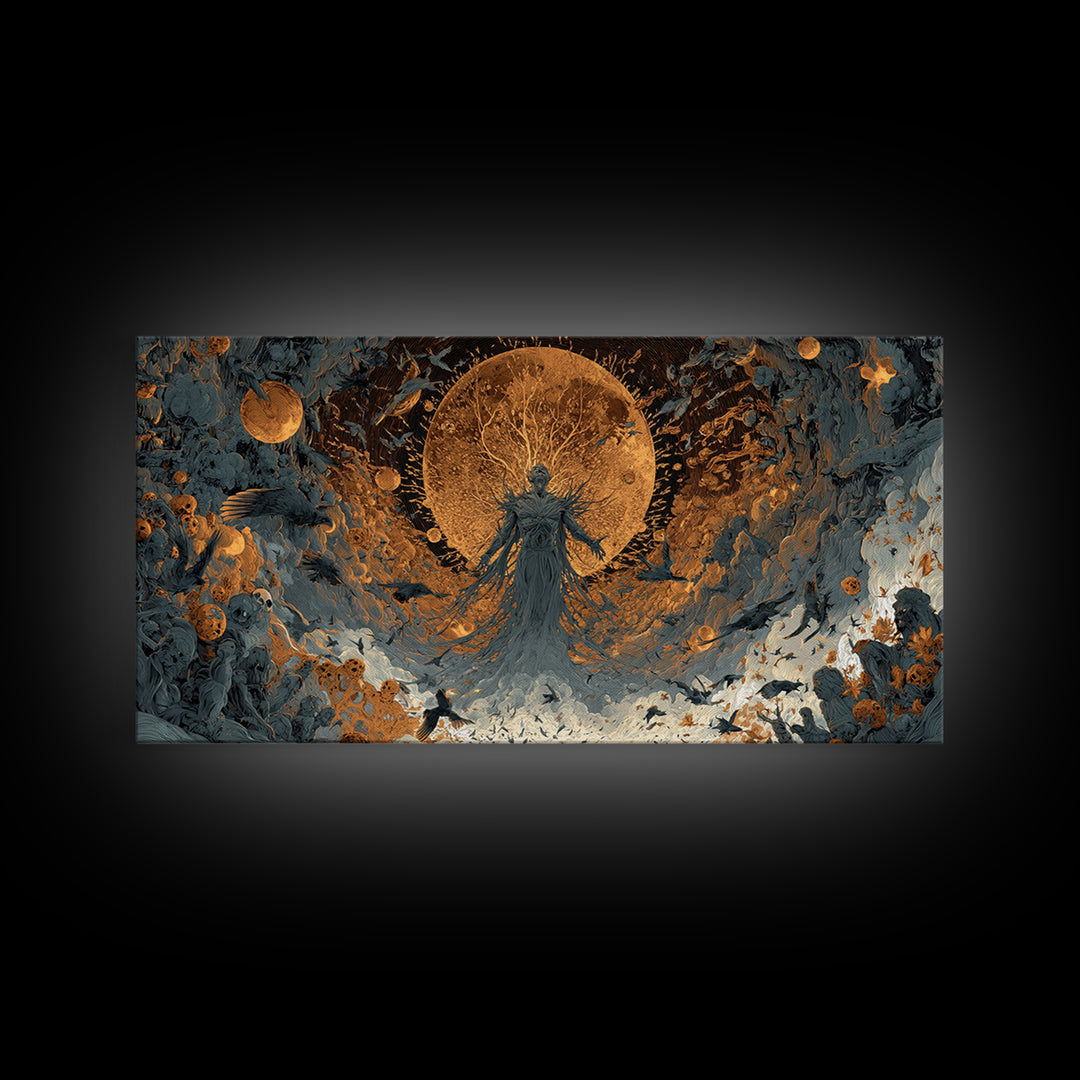 The Harvest Demon, Apocalyptic Romantic Art, Wide Panoramic Art, Macabre Wall Art, Framed Canvas Print, Halloween Wall Art