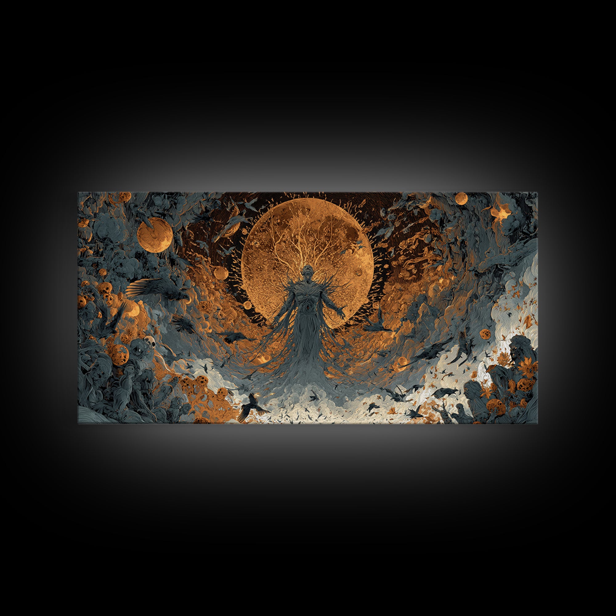 The Harvest Demon, Apocalyptic Romantic Art, Wide Panoramic Art, Macabre Wall Art, Framed Canvas Print, Halloween Wall Art