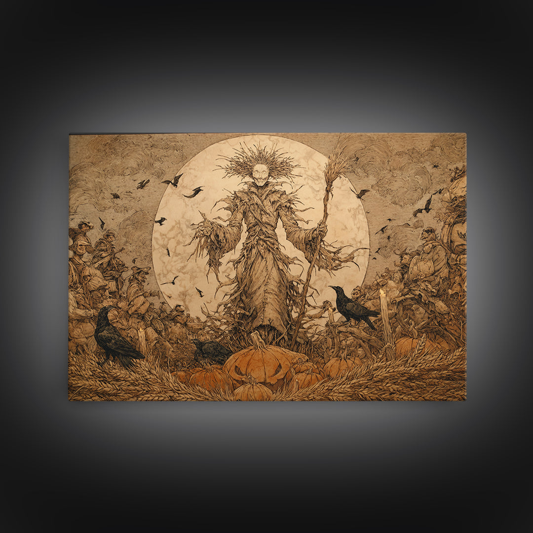 The Harvest Demon, Gothic Storybook Art, Landscape Wall Art, Dark Halloween Decor, Framed Canvas Print, Halloween Wall Art