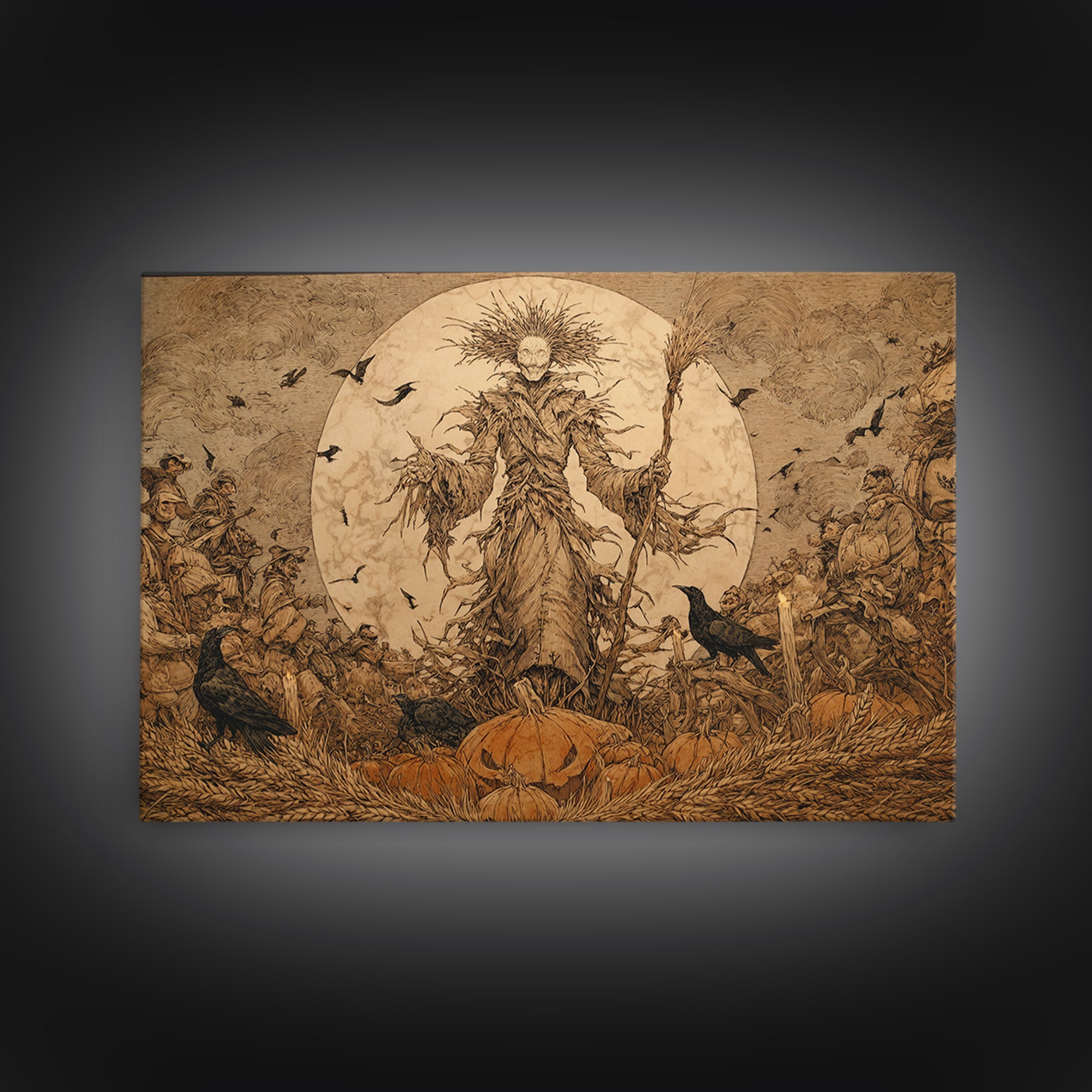 The Harvest Demon, Gothic Storybook Art, Landscape Wall Art, Dark Halloween Decor, Framed Canvas Print, Halloween Wall Art