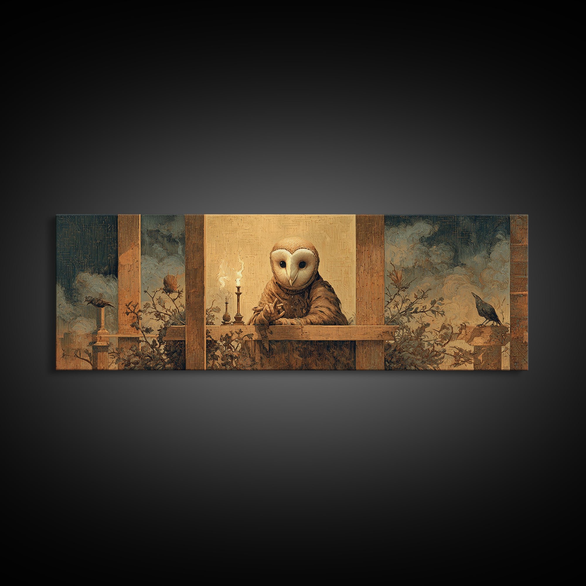 The Owl-Faced Omen, Medieval Grotesque Art, Extra Wide Wall Art, Dark Halloween Decor, Canvas Print, Halloween Wall Art