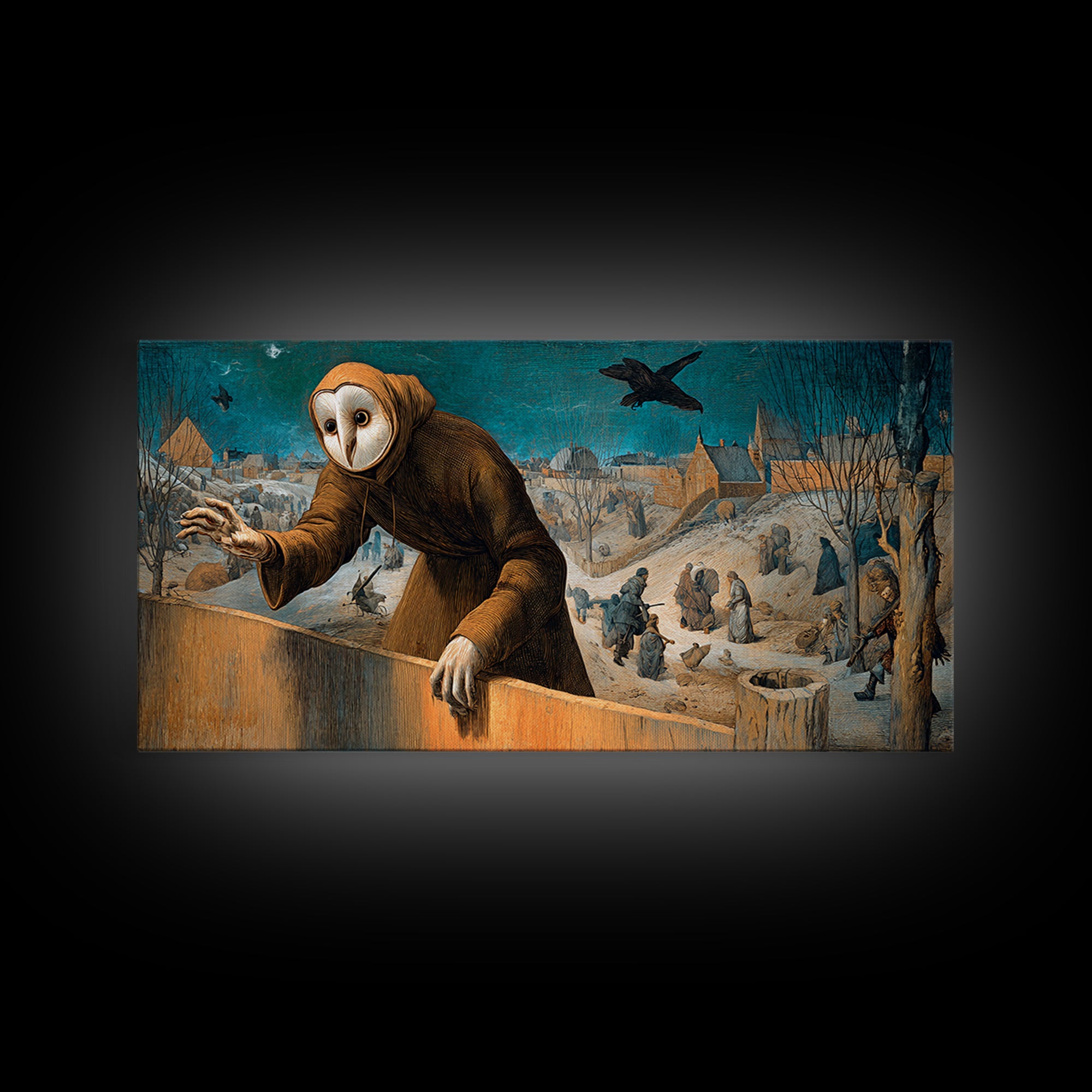 The Owl-Faced Omen, Northern Renaissance Horror, Wide Panoramic Art, Dark Halloween Decor, Canvas Print, Halloween Wall Art