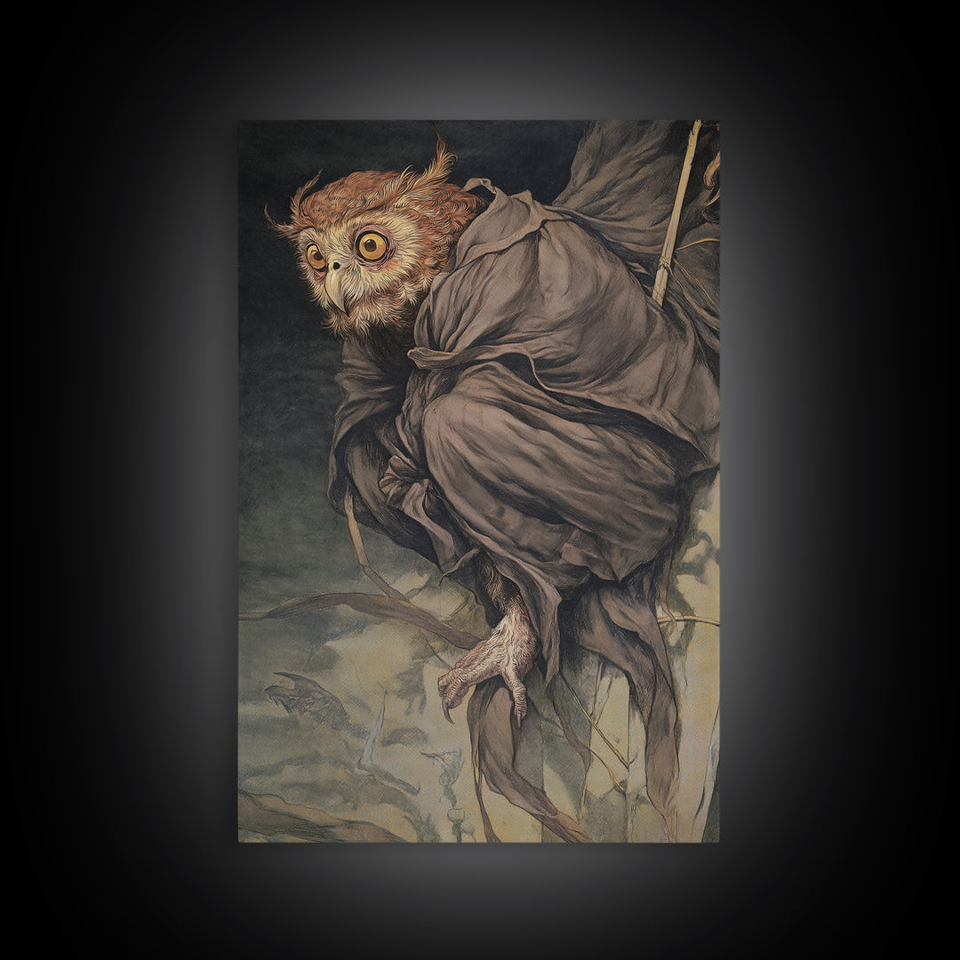 The Owl-Faced Omen, Dark Renaissance Art, Vertical Wall Art, Dark Halloween Decor, Framed Canvas Print, Halloween Wall Art