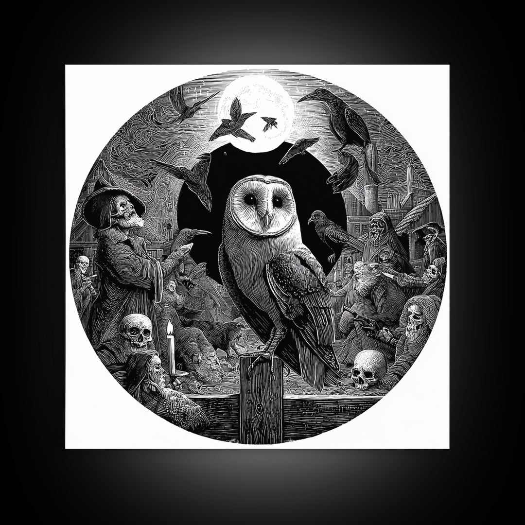 The Owl-Faced Omen, Danse Macabre Art, Square Wall Art, Macabre Wall Art, Framed Canvas Print, Halloween Wall Art