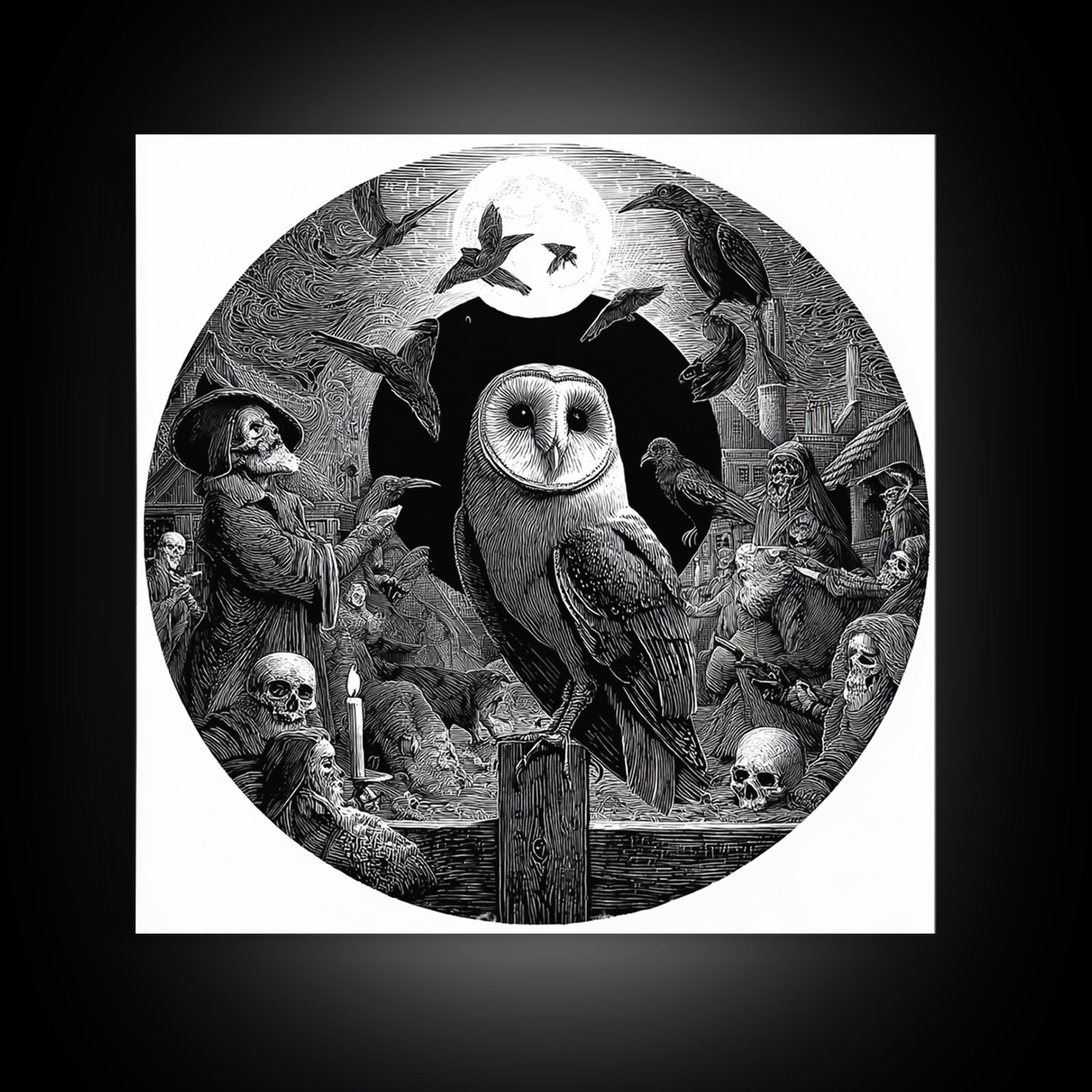 The Owl-Faced Omen, Danse Macabre Art, Square Wall Art, Macabre Wall Art, Framed Canvas Print, Halloween Wall Art