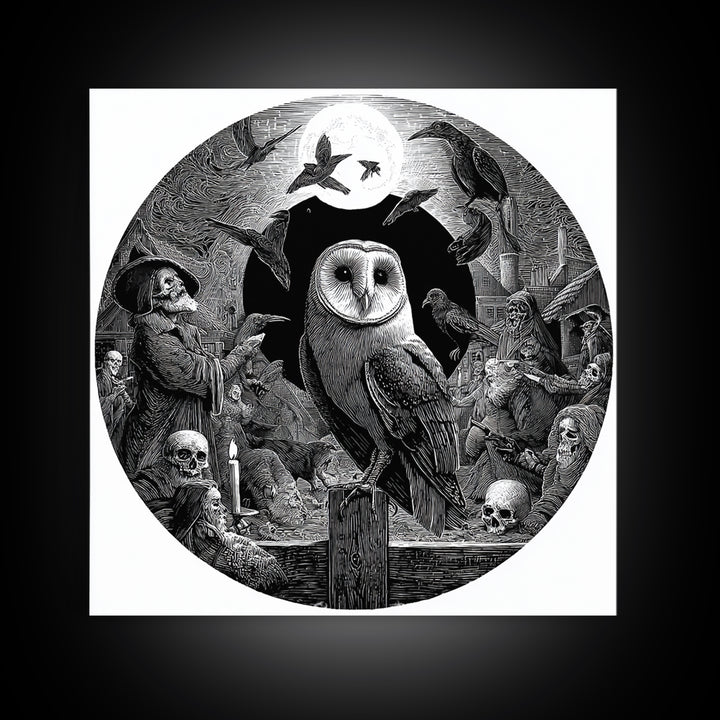 The Owl-Faced Omen, Danse Macabre Art, Square Wall Art, Macabre Wall Art, Framed Canvas Print, Halloween Wall Art