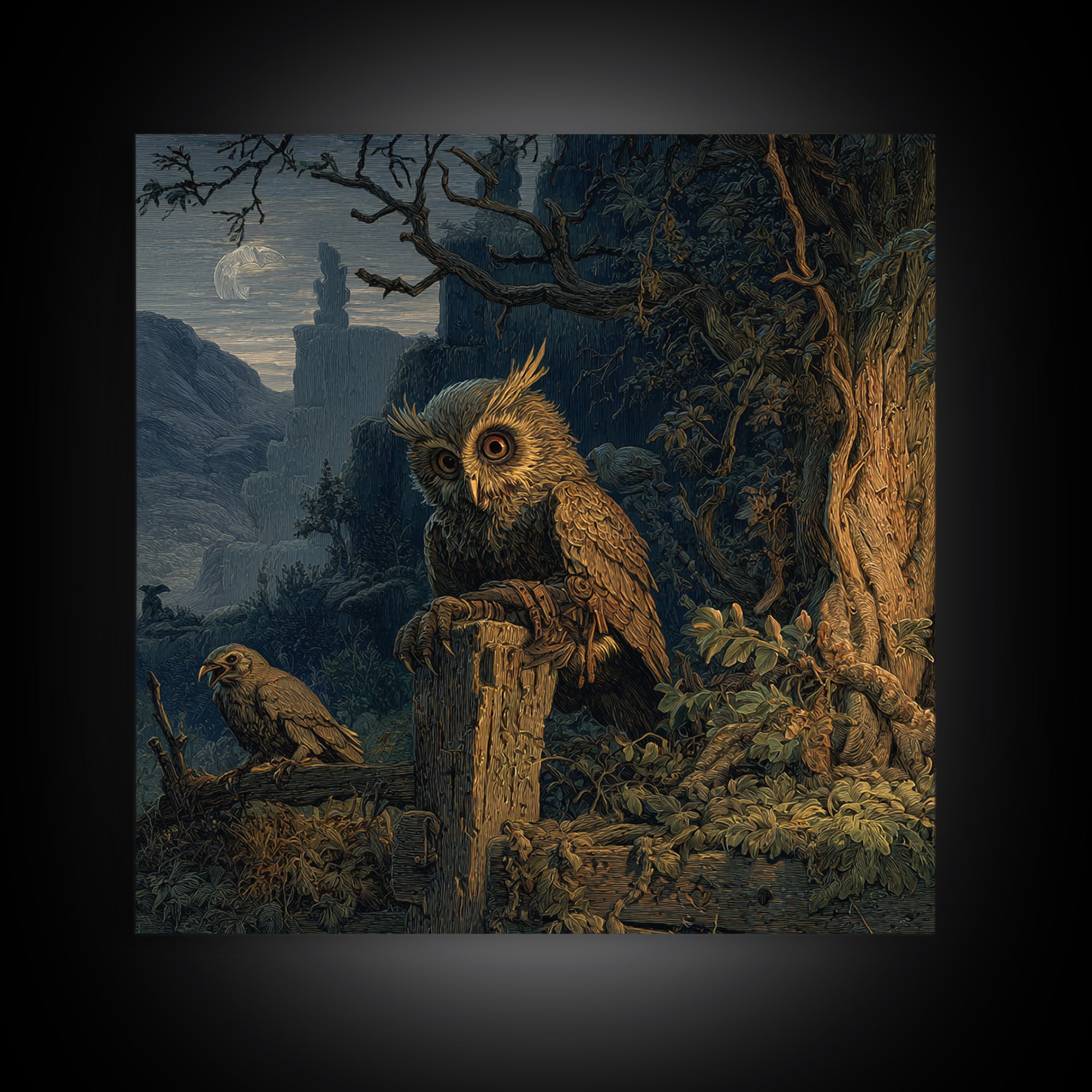 The Owl-Faced Omen, Baroque Witchcraft Art, Square Wall Art, Dark Fantasy Wall Art, Framed Canvas Print, Halloween Wall Art