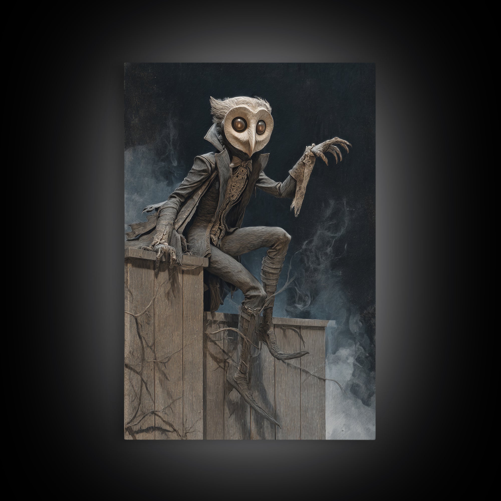The Owl-Faced Omen, Gothic Nightmare Art, Vertical Wall Art, Dark Halloween Decor, Framed Canvas Print, Halloween Wall Art