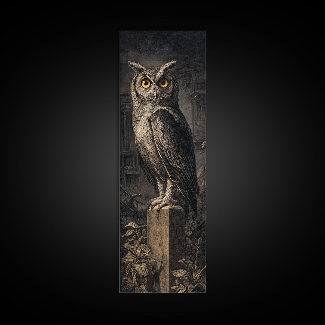 The Owl-Faced Omen, Architectural Etching Art, Tall Narrow Wall Art, Dark Fantasy Wall Art, Canvas Print, Halloween Wall Art