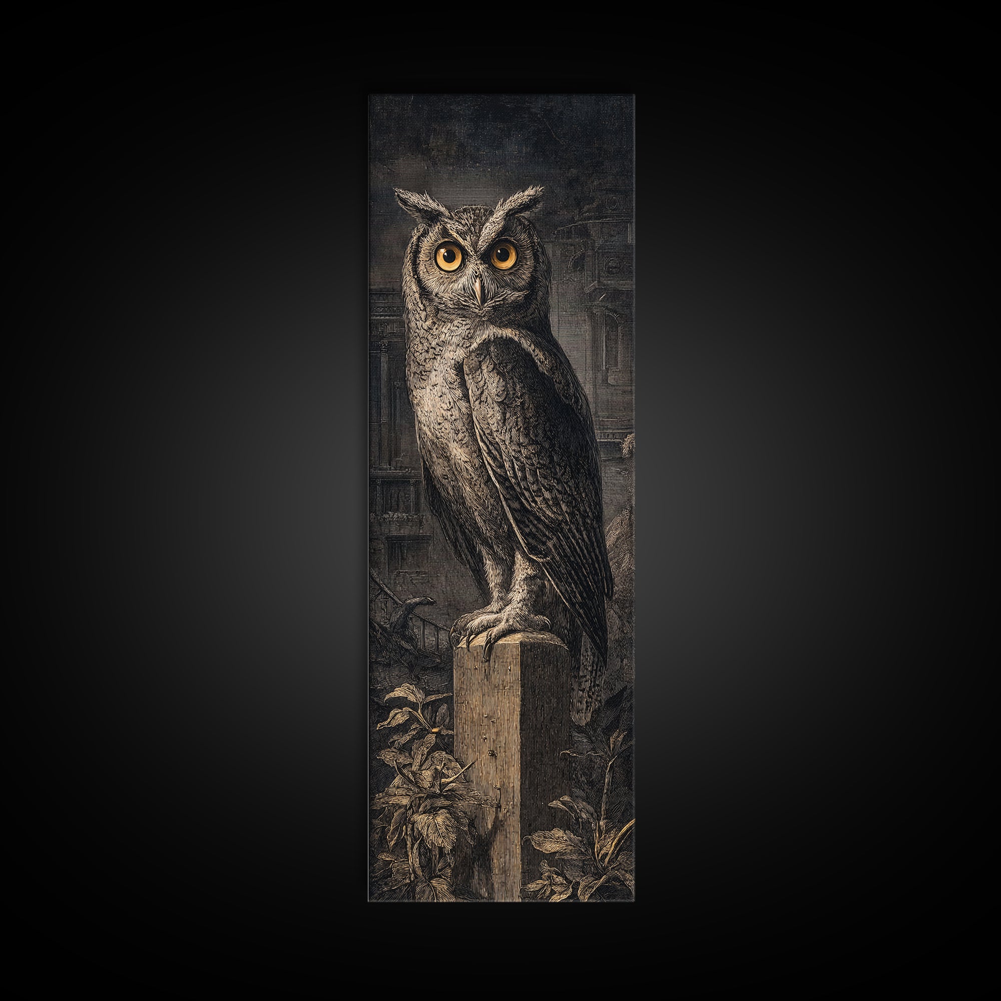 The Owl-Faced Omen, Architectural Etching Art, Tall Narrow Wall Art, Dark Fantasy Wall Art, Canvas Print, Halloween Wall Art