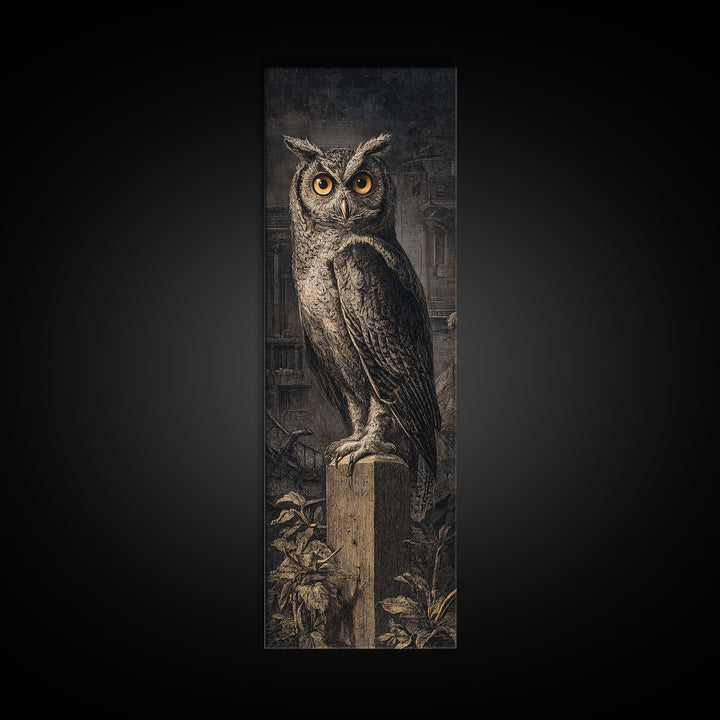 The Owl-Faced Omen, Architectural Etching Art, Tall Narrow Wall Art, Dark Fantasy Wall Art, Canvas Print, Halloween Wall Art