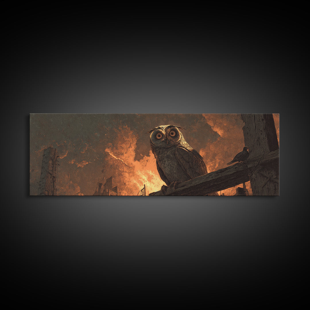 The Owl-Faced Omen, Apocalyptic Romantic Art, Extra Wide Wall Art, Gothic Horror Wall Art, Framed Canvas Print, Halloween Wall Art