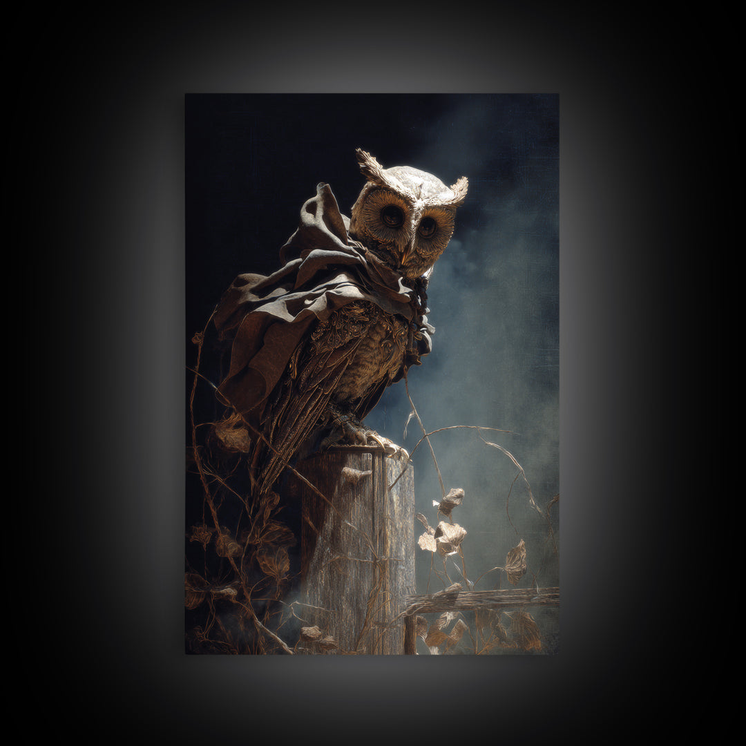The Owl-Faced Omen, Ornate Symbolist Art, Vertical Wall Art, Macabre Wall Art, Canvas Print, Halloween Wall Art, Horror Wall Art