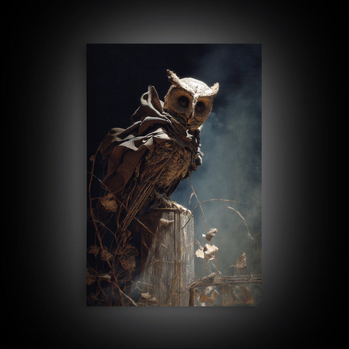 The Owl-Faced Omen, Ornate Symbolist Art, Vertical Wall Art, Macabre Wall Art, Canvas Print, Halloween Wall Art, Horror Wall Art