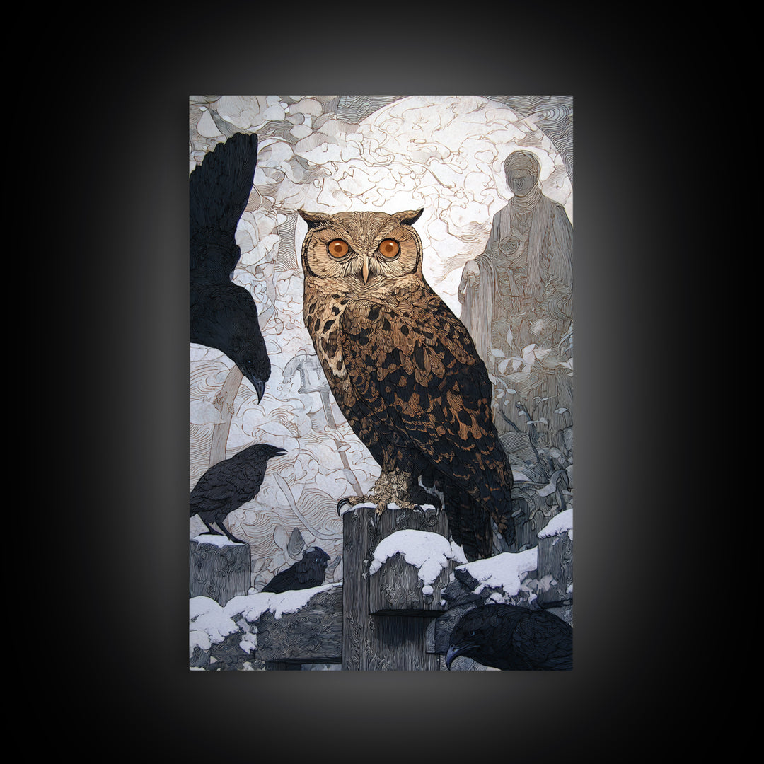 The Owl-Faced Omen, Symbolist Death Art, Vertical Wall Art, Dark Halloween Decor, Canvas Print, Halloween Wall Art
