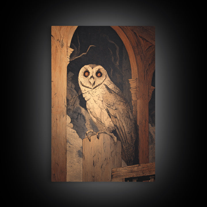 The Owl-Faced Omen, Symbolist Etching Art, Vertical Wall Art, Gothic Horror Wall Art, Canvas Print, Halloween Wall Art, Gothic Home Decor