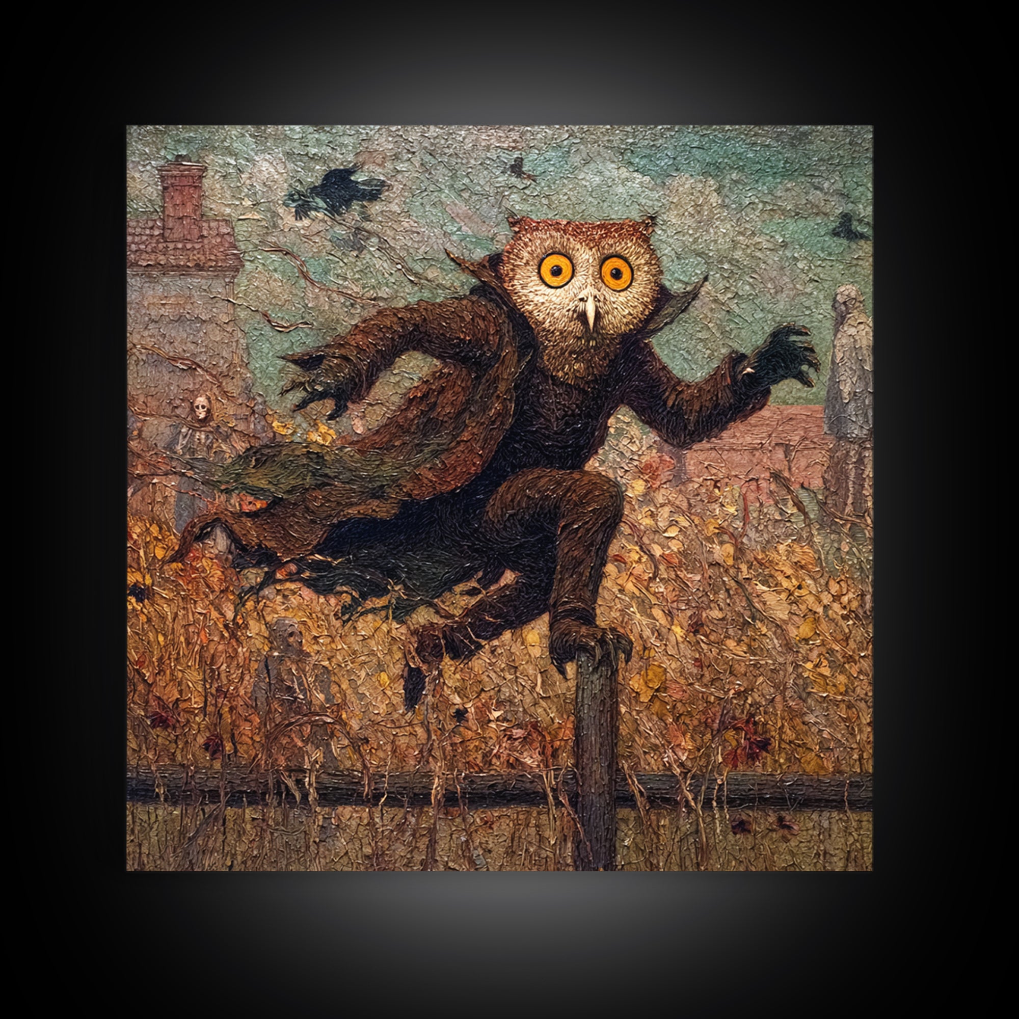 The Owl-Faced Omen, Grotesque Carnival Art, Square Wall Art, Macabre Wall Art, Framed Canvas Print, Halloween Wall Art, Spooky Wall Decor