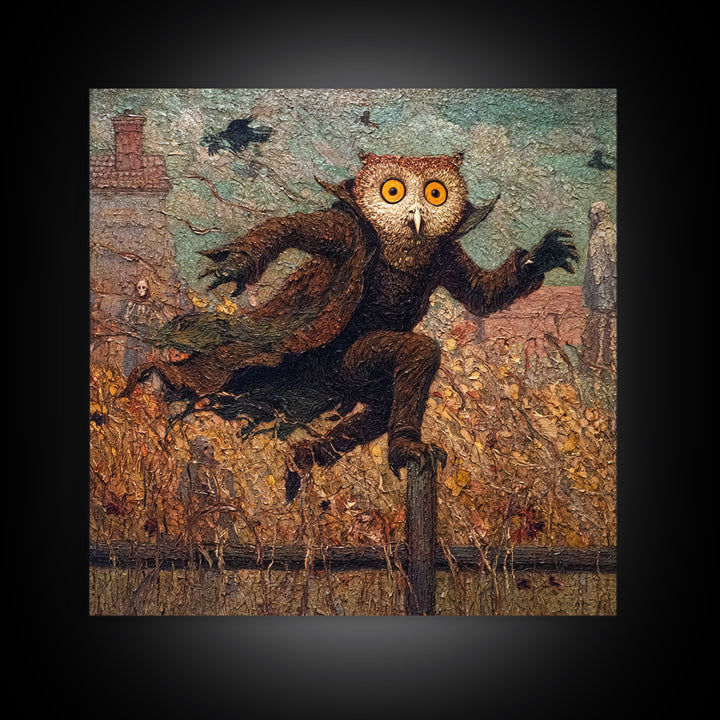 The Owl-Faced Omen, Grotesque Carnival Art, Square Wall Art, Macabre Wall Art, Framed Canvas Print, Halloween Wall Art, Spooky Wall Decor