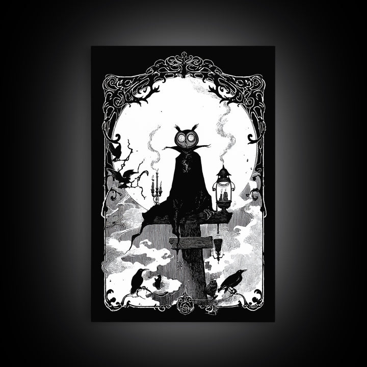 The Owl-Faced Omen, Decadent Line Art, Vertical Wall Art, Gothic Horror Wall Art, Canvas Print, Halloween Wall Art