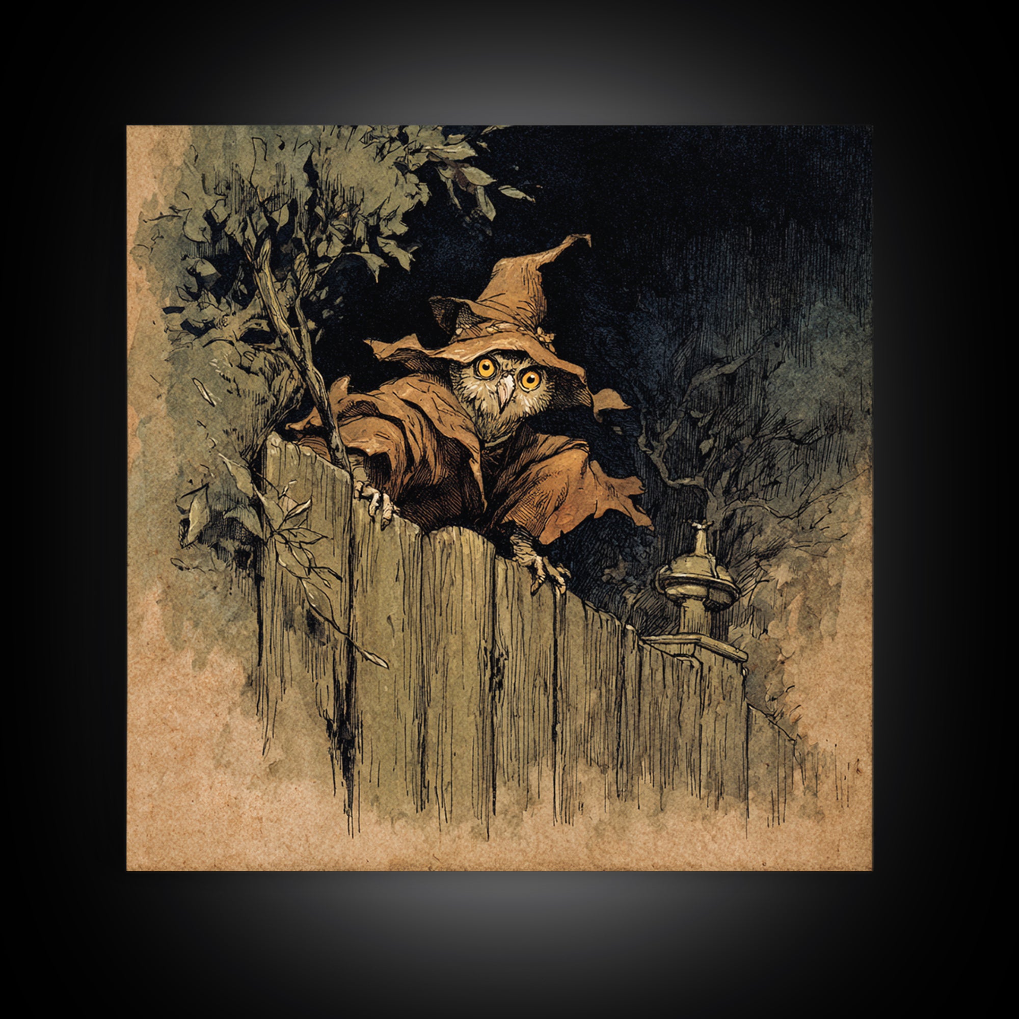 The Owl-Faced Omen, Gothic Storybook Art, Square Wall Art, Dark Halloween Decor, Framed Canvas Print, Halloween Wall Art