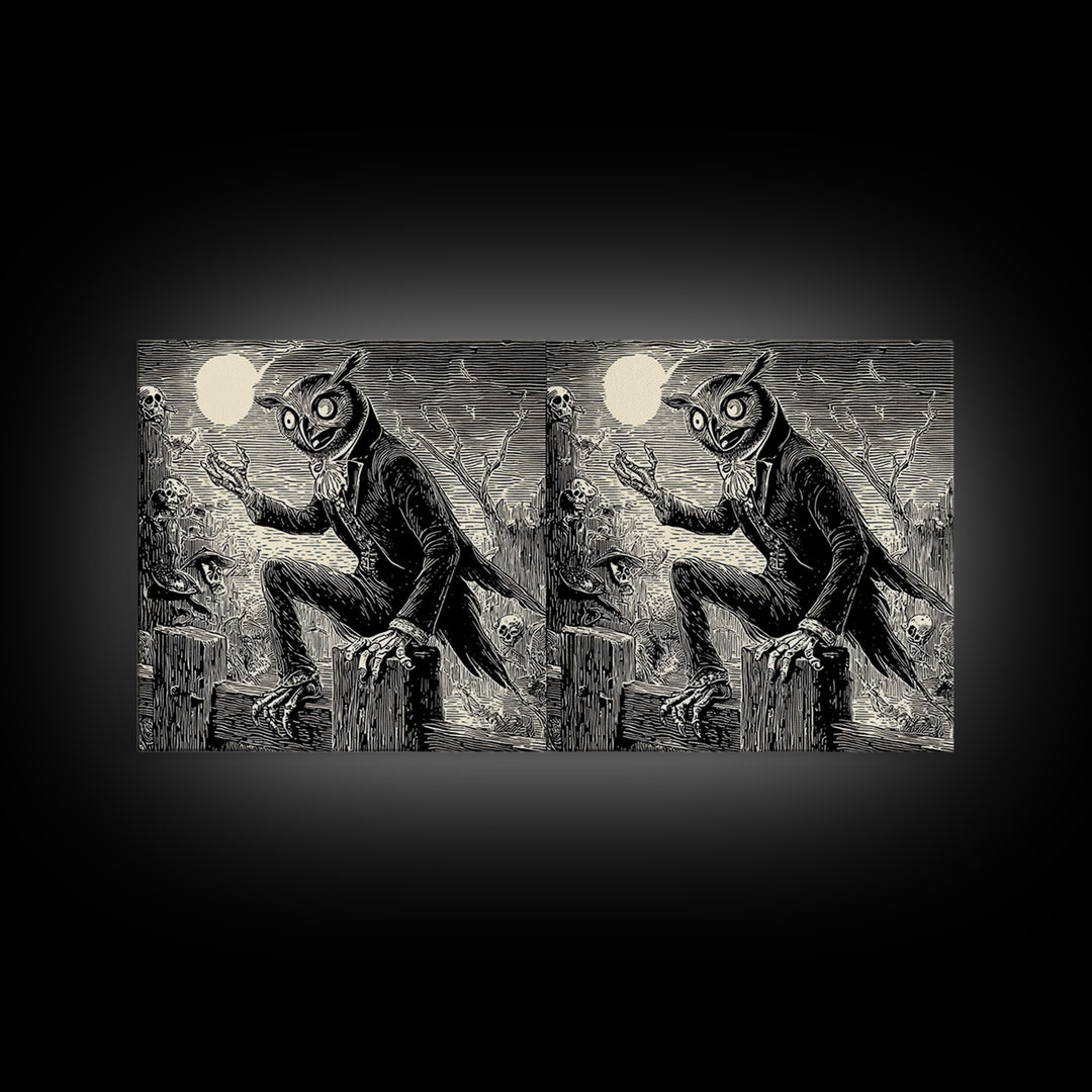 The Owl-Faced Omen, Macabre Folk Print Art, Wide Panoramic Art, Gothic Horror Wall Art, Canvas Print, Halloween Wall Art