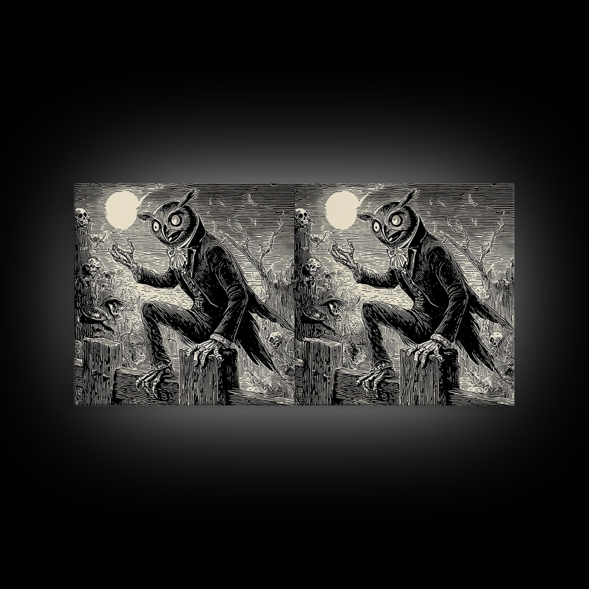The Owl-Faced Omen, Macabre Folk Print Art, Wide Panoramic Art, Gothic Horror Wall Art, Canvas Print, Halloween Wall Art