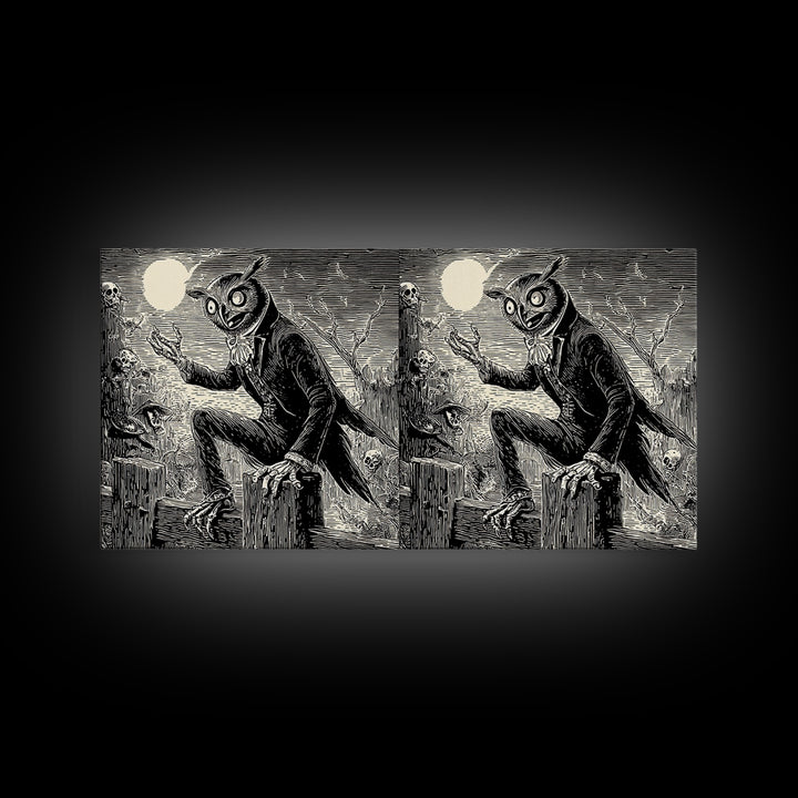 The Owl-Faced Omen, Macabre Folk Print Art, Wide Panoramic Art, Gothic Horror Wall Art, Canvas Print, Halloween Wall Art