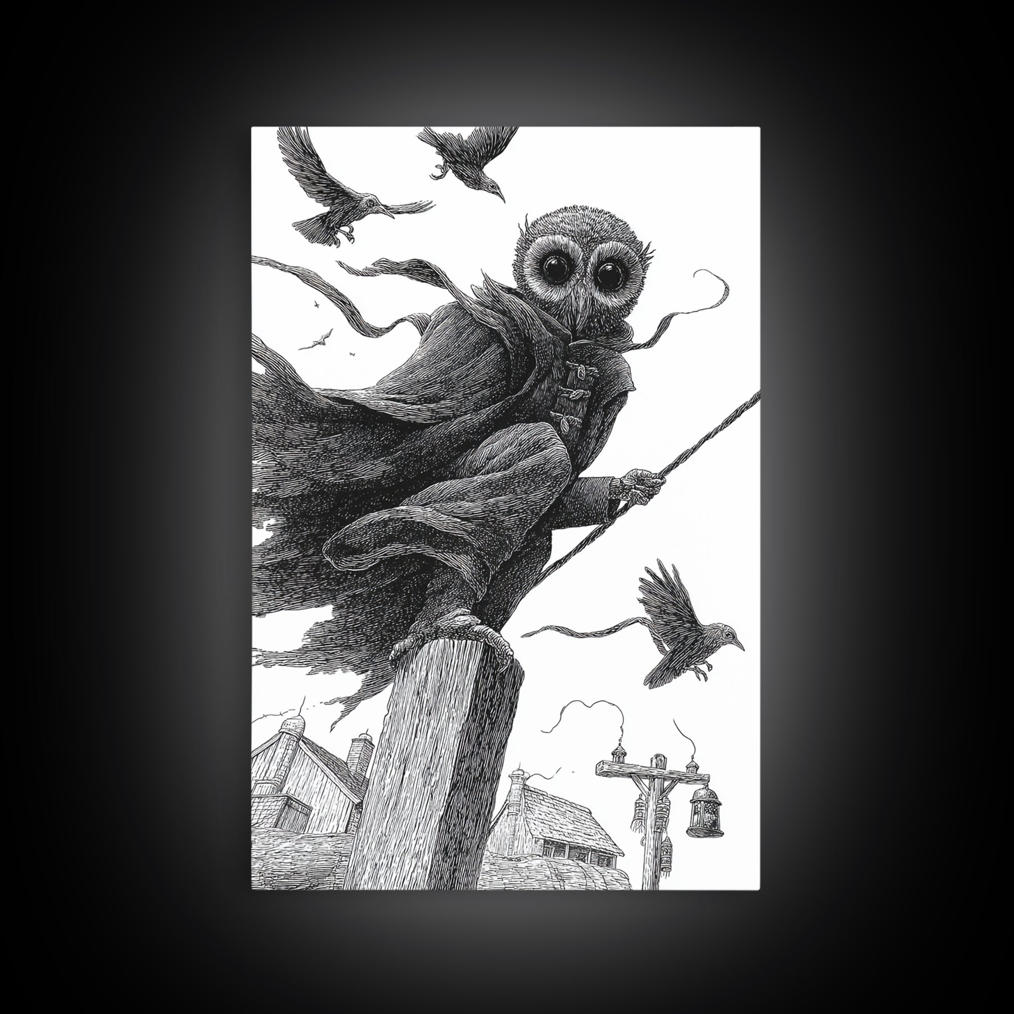 The Owl-Faced Omen, Victorian Macabre Art, Vertical Wall Art, Dark Halloween Decor, Framed Canvas Print, Halloween Wall Art