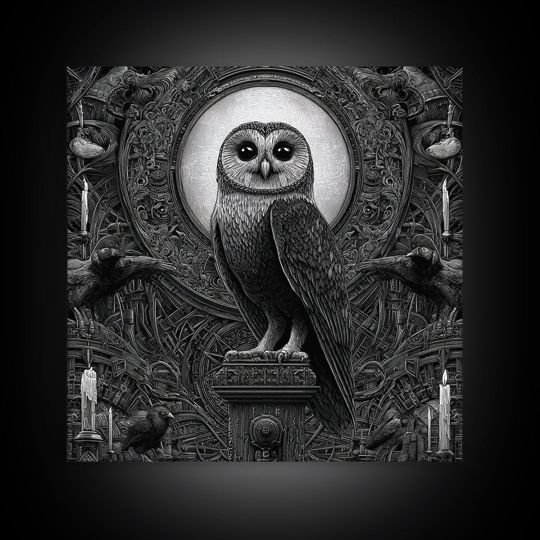 The Owl-Faced Omen, Biomechanical Horror Art, Square Wall Art, Gothic Horror Wall Art, Canvas Print, Halloween Wall Art, Statement Wall Art